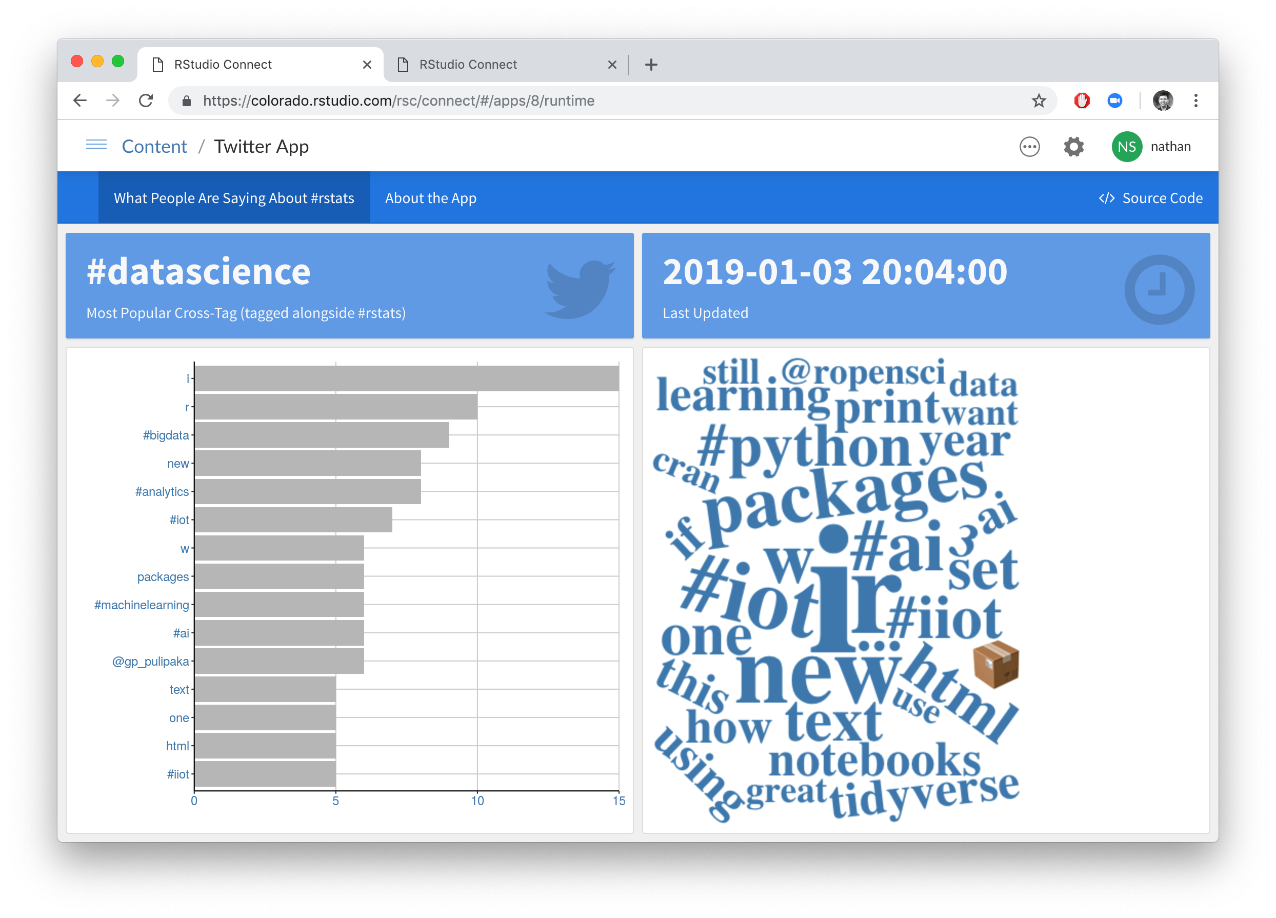 Screenshot of example Twitter data Shiny app deployed to Connect